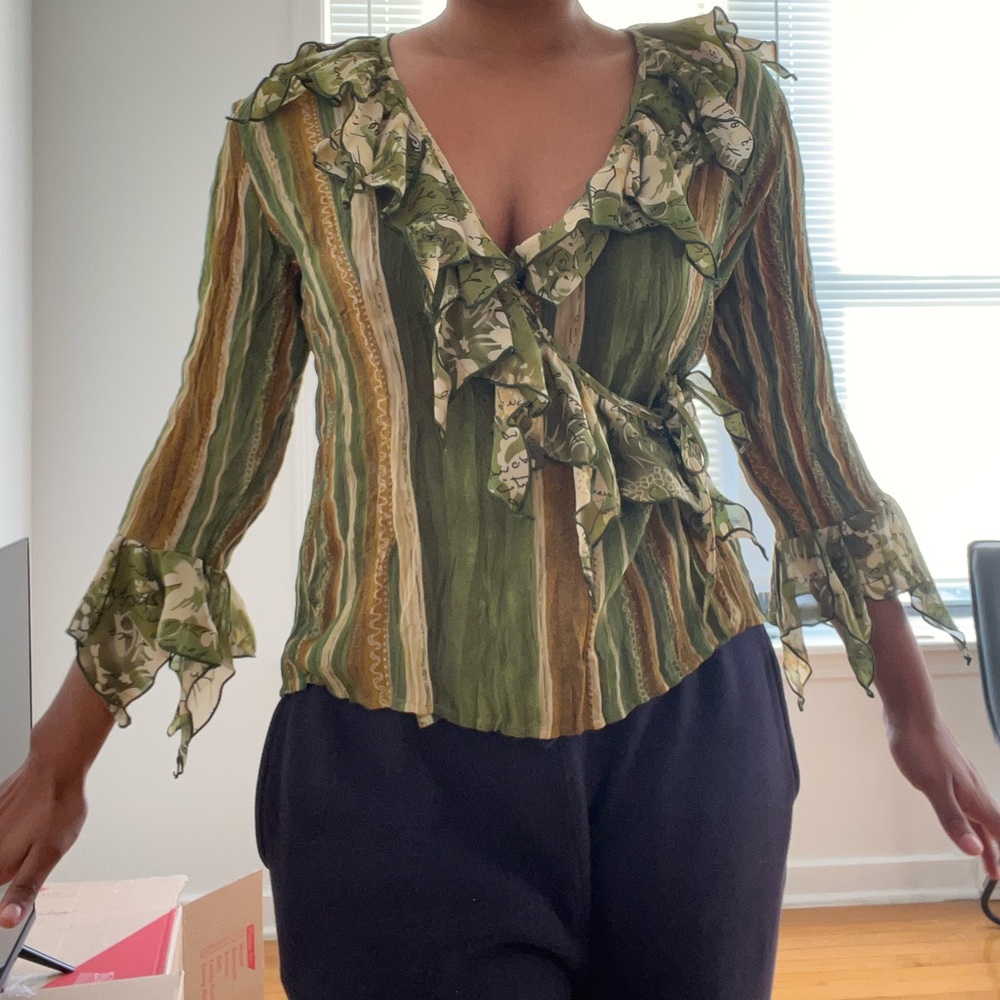 Piano vintage wrap ruffle detail stripe blouse, S